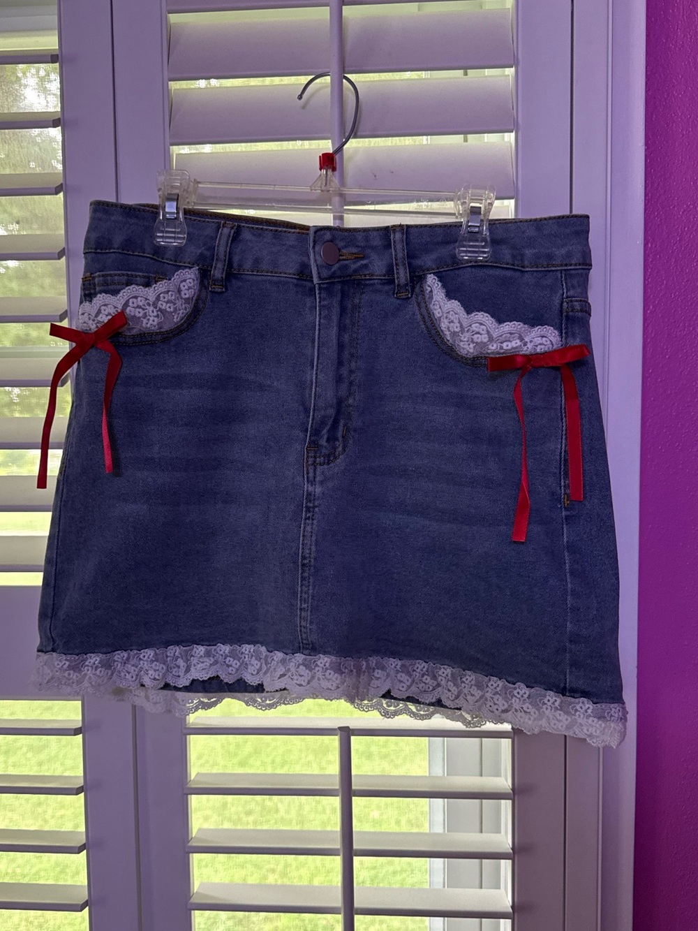 Lace-Trim Denim Mini Skirt with Red Ribbon Accents